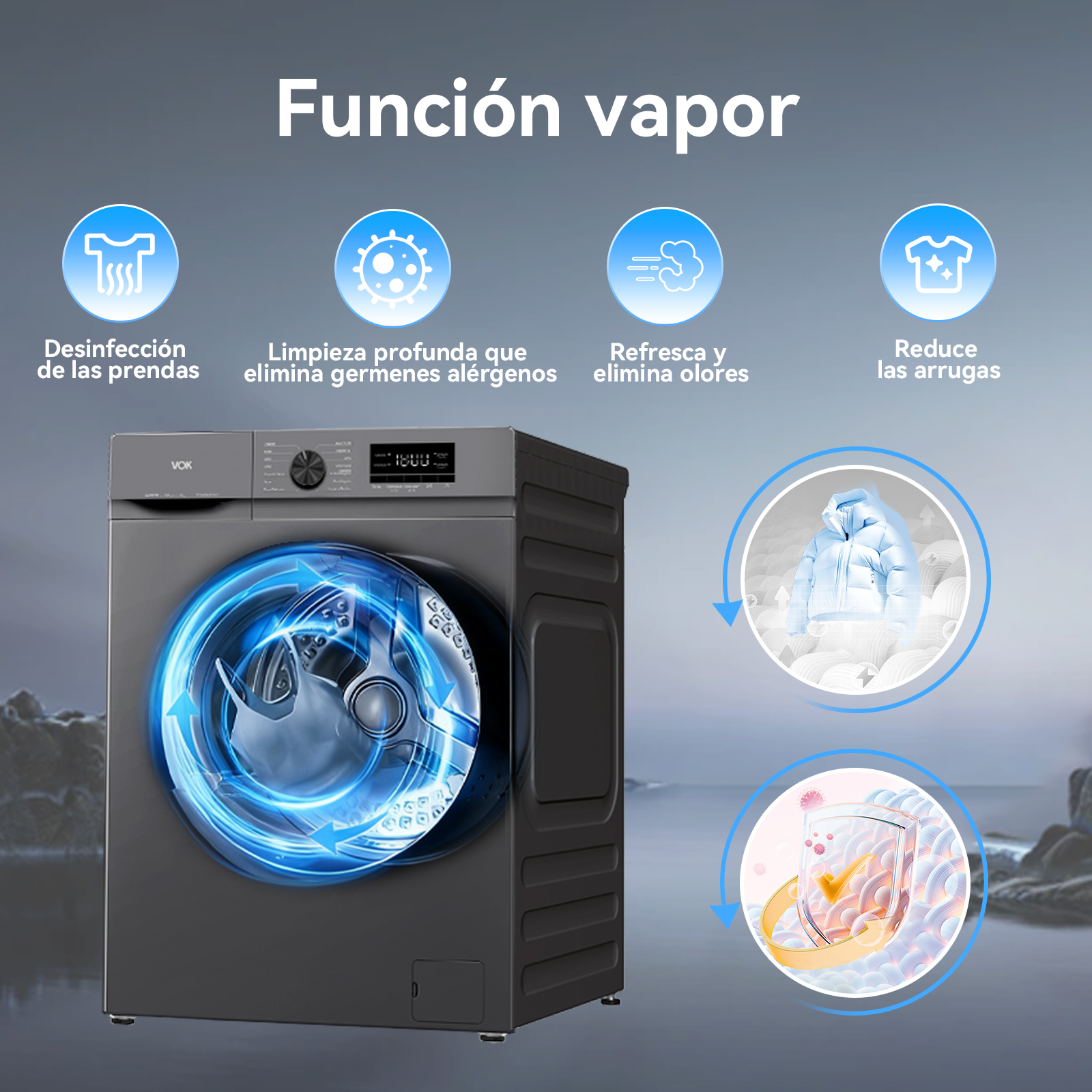 Lavadora gris con función vapor, iconos muestran desinfección, frescura y reducción de arrugas.