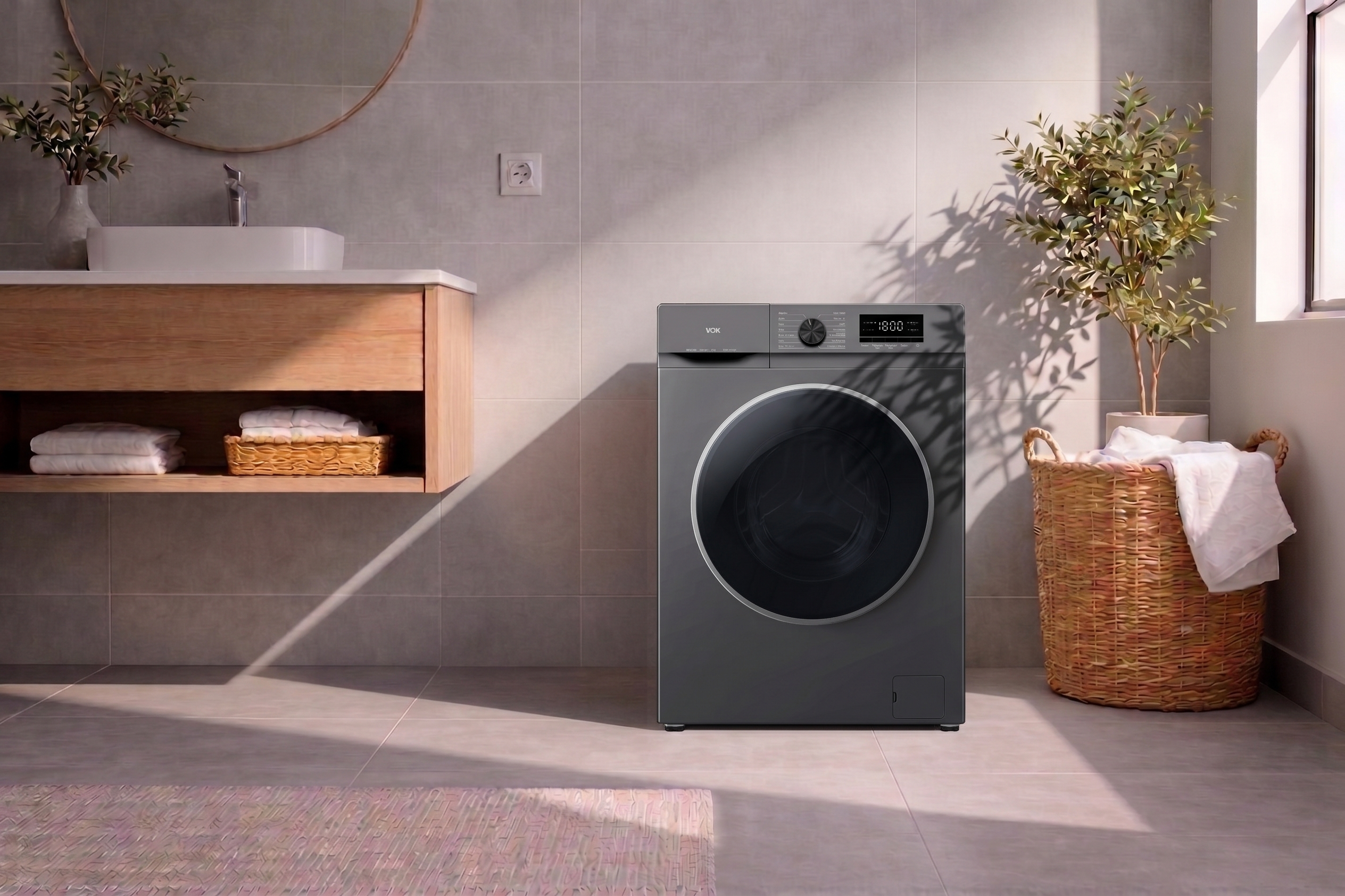 Una lavadora gris se encuentra en un baño luminoso con tocador de madera y cesto de ropa.