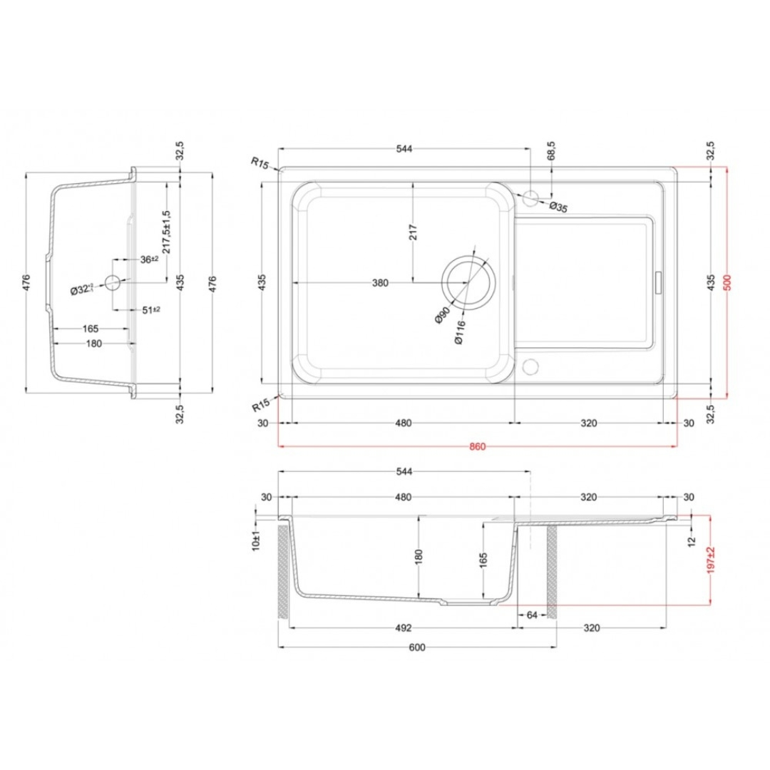 Disegno tecnico di un lavello da cucina con dimensioni in millimetri da tre viste.