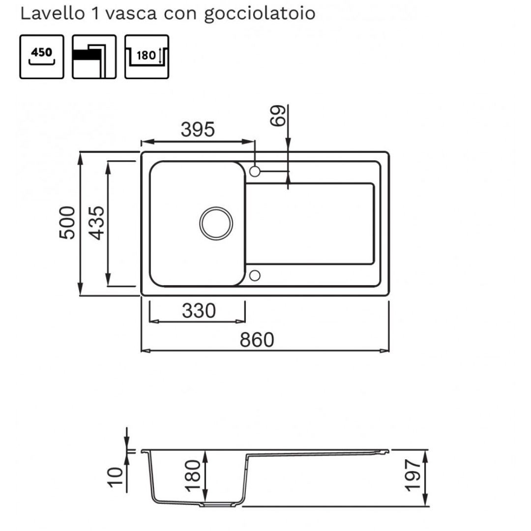 Disegno tecnico di un lavello da cucina a una vasca con gocciolatoio, con quote in millimetri.