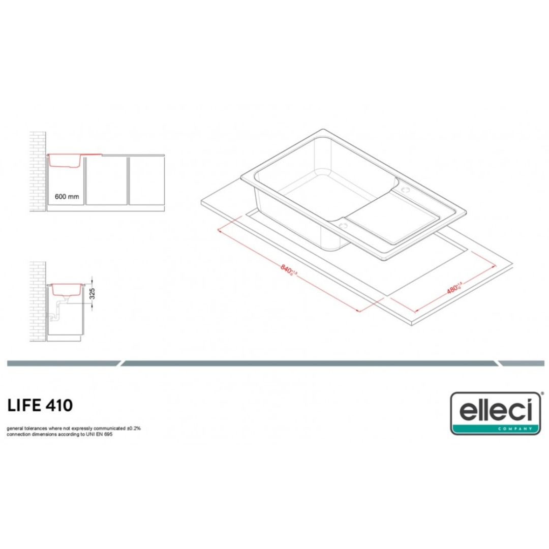 Disegno tecnico del lavello Elleci Life 410 con dimensioni e guida all'installazione.