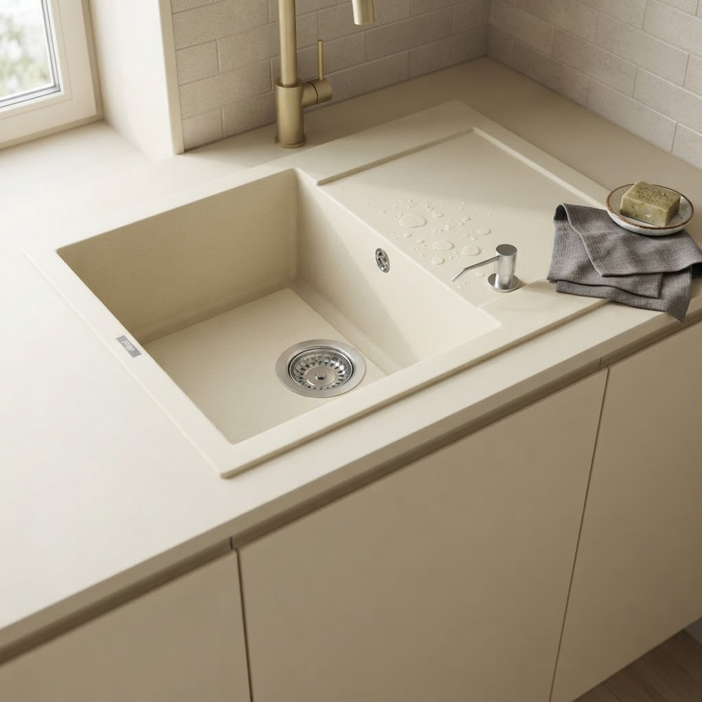 Lavello da cucina beige con rubinetto dorato, dispenser di sapone e panno grigio su un piano chiaro.