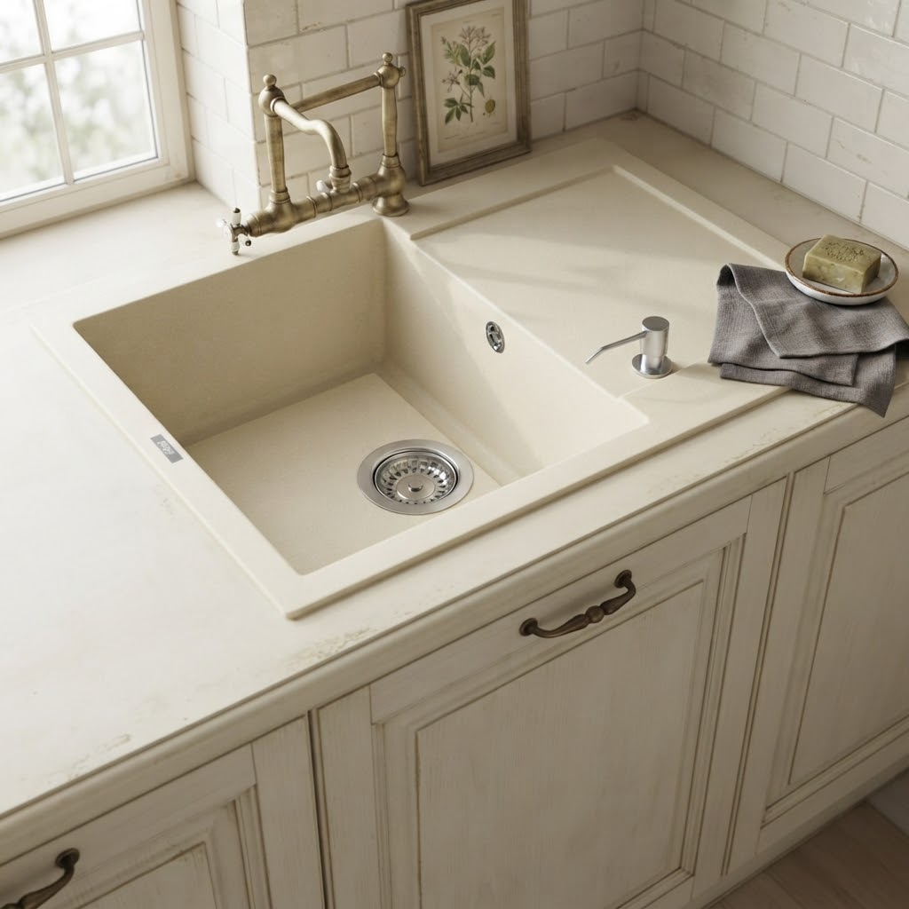 Un lavello beige con rubinetto in ottone, portasapone e panno grigio.