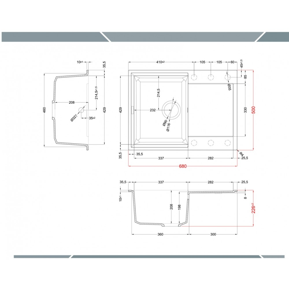 Disegno tecnico di un lavello con misure dimensionali in millimetri da più viste.