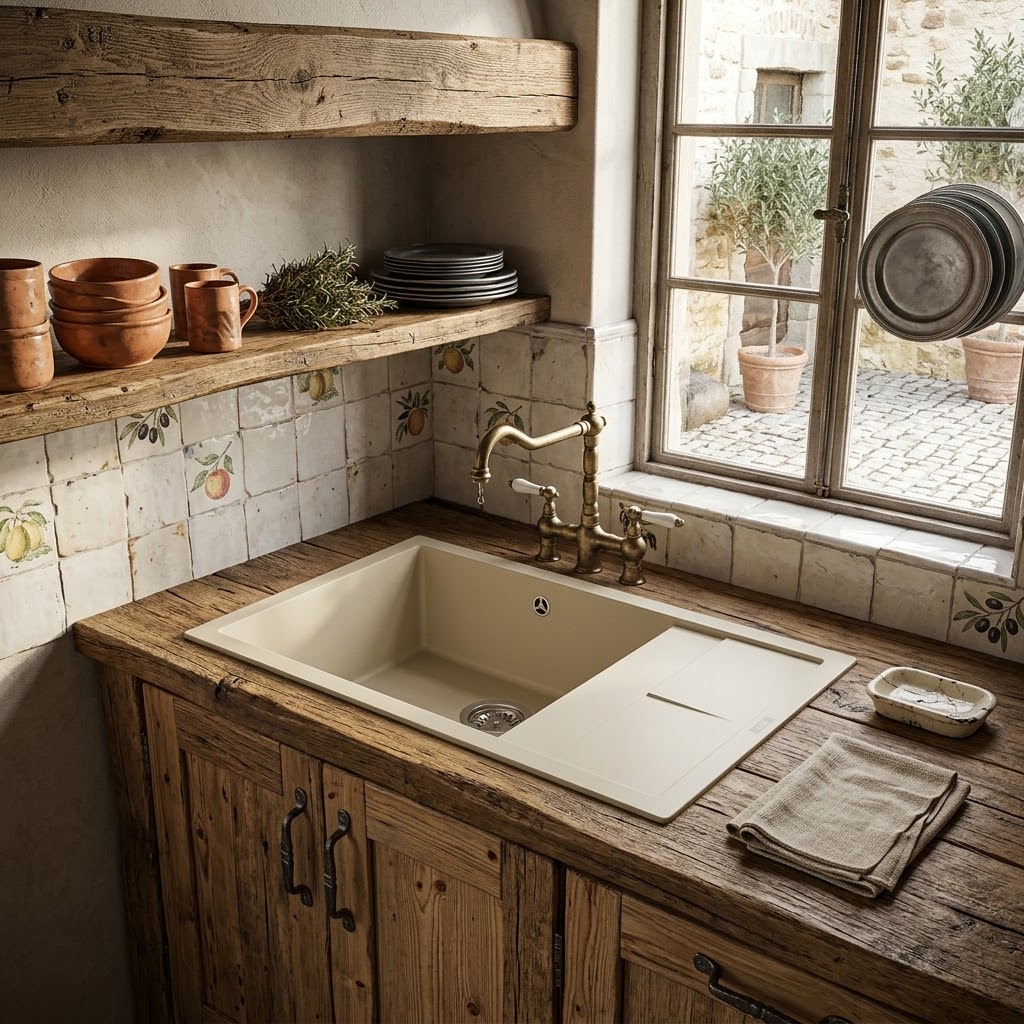 Lavello rustico con rubinetto in ottone, mobili in legno, piastrelle e vista cortile.