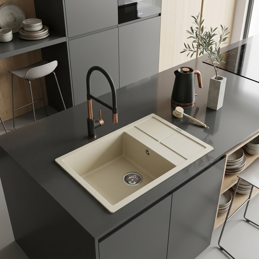 Moderna isola cucina con piano nero, lavello beige e bollitore.