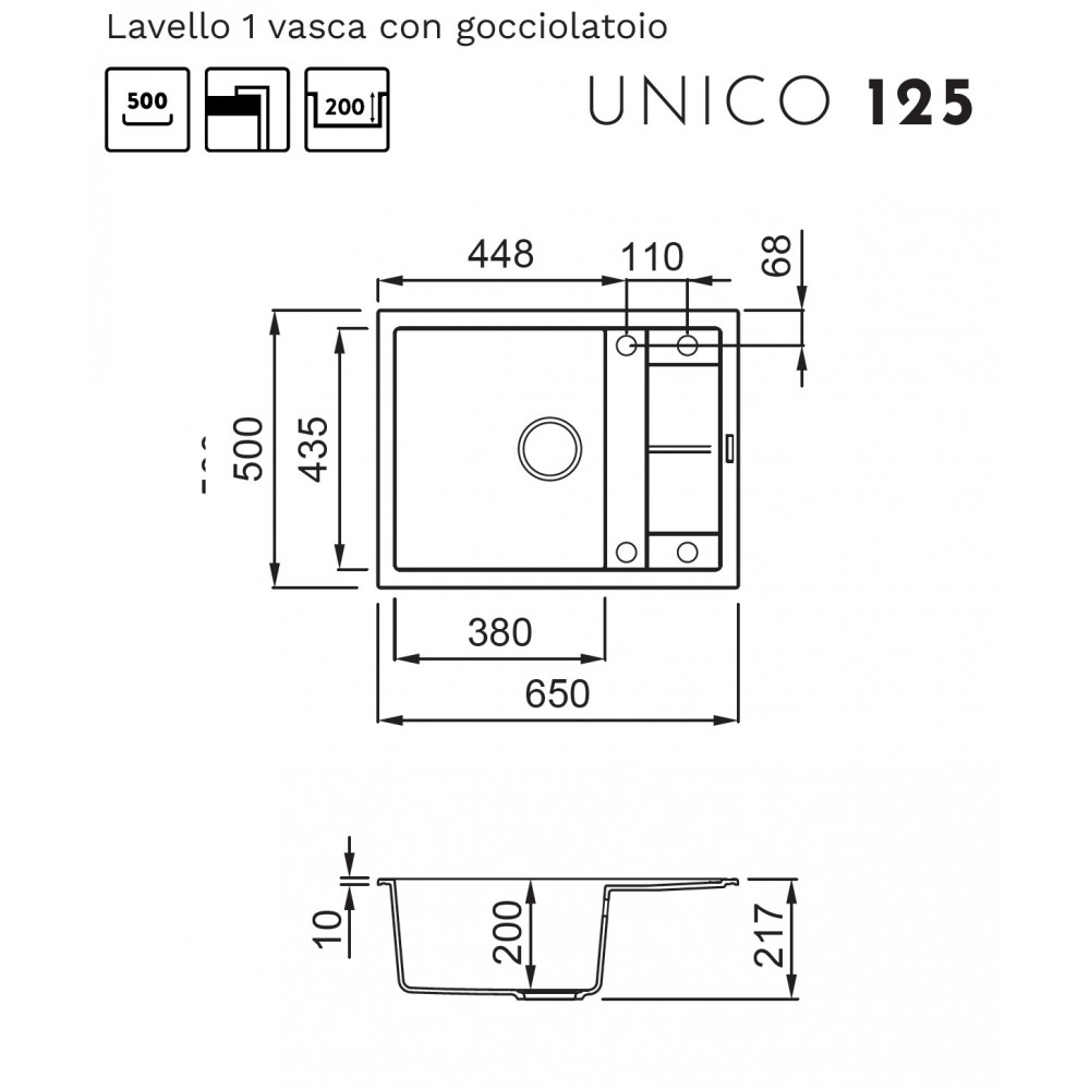 Disegno tecnico di un lavello a una vasca con gocciolatoio, con quote e dimensioni dettagliate.
