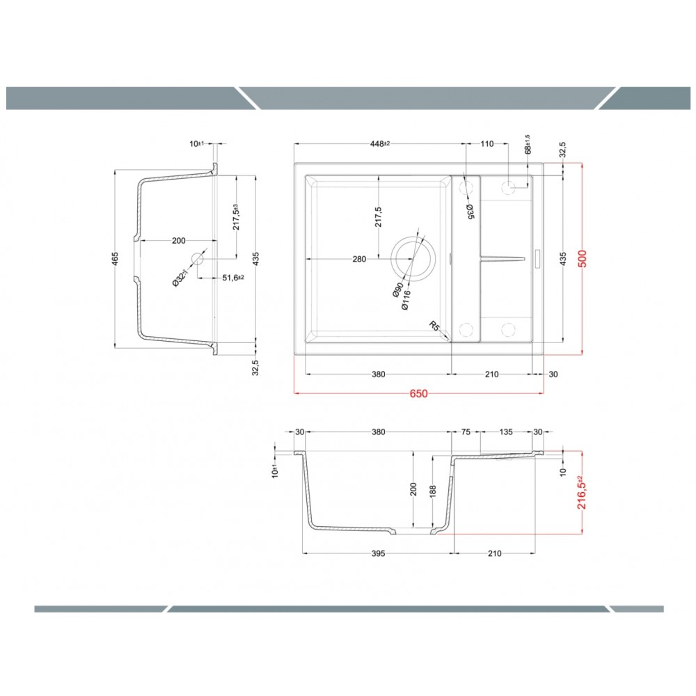 Disegno tecnico di un lavello da cucina con viste dall'alto, laterale e in sezione, con misure precise.