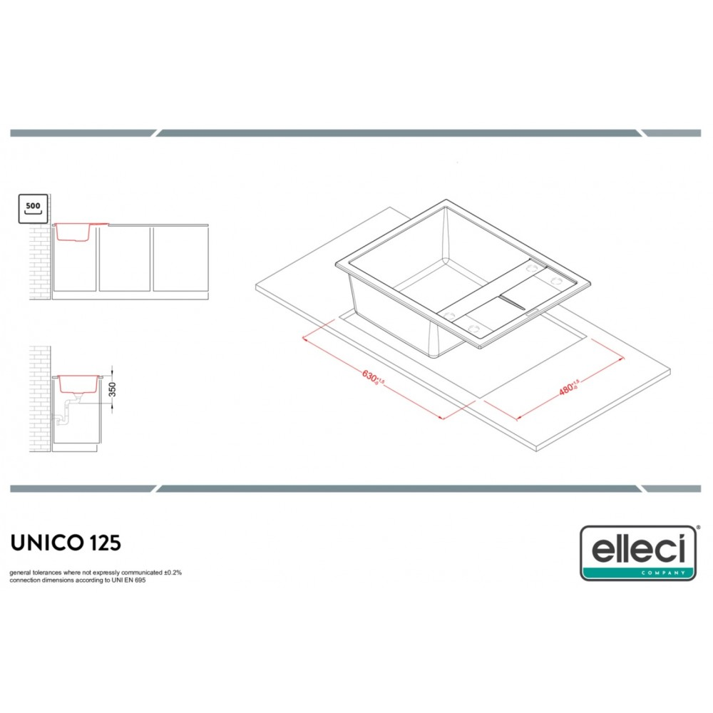 Disegno tecnico del lavello Unico 125 con indicazione di dimensioni e dettagli di montaggio.