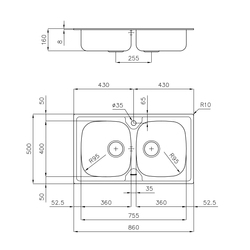 Disegno tecnico di un lavello da cucina a due vasche con misure.