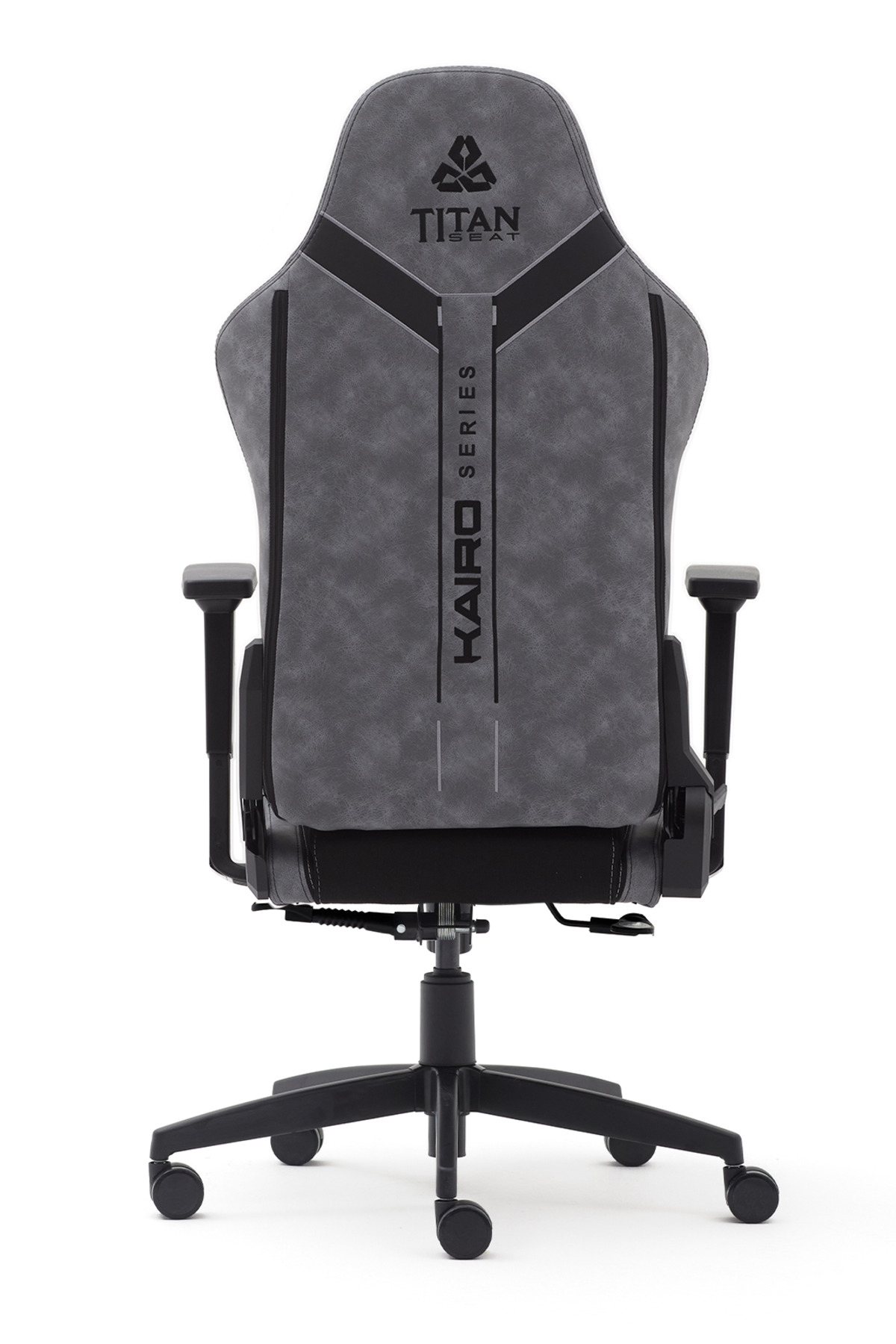 Beyaz arka planda gri Titan Seat Kairo Series oyuncu koltuğunun arka görünümü.