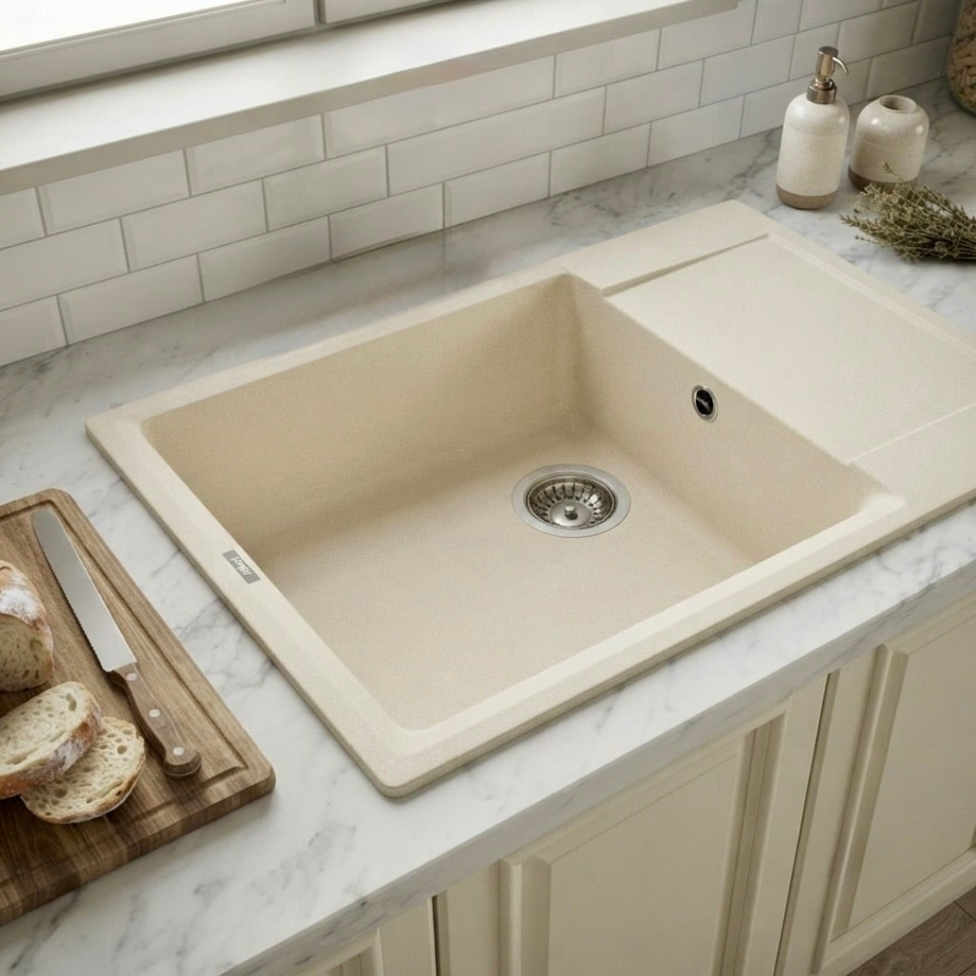 Un lavello da cucina in pietra beige su un piano in marmo, vicino a un tagliere con del pane.