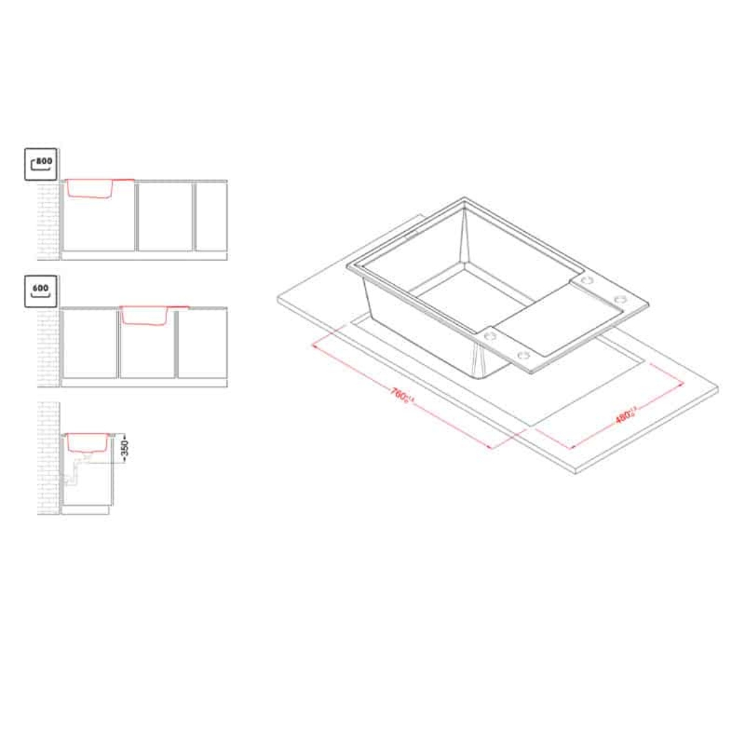 Disegno tecnico di un lavello da cucina con dimensioni ed esempi di installazione.