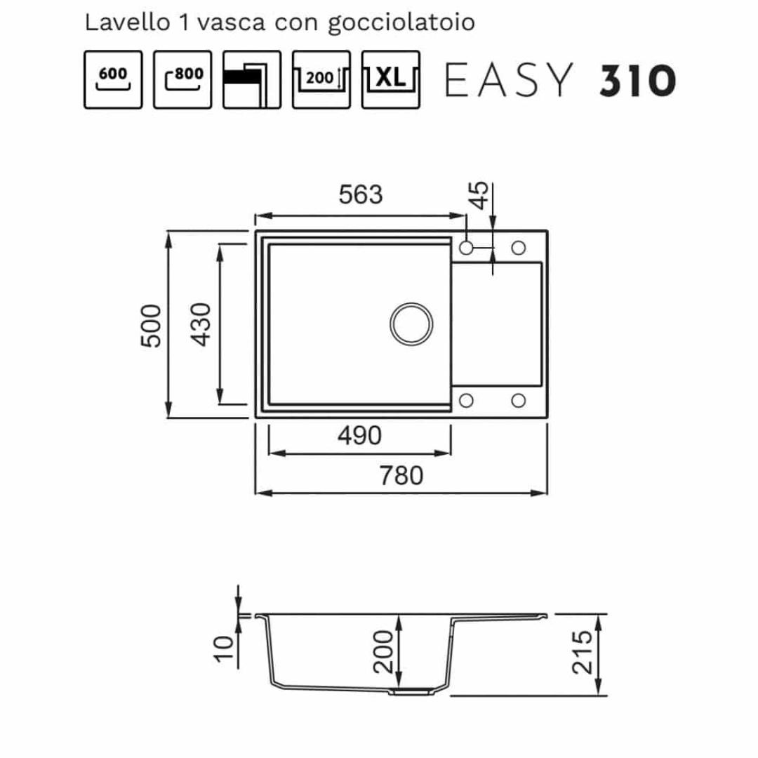 Disegno tecnico del lavello Easy 310 con quote per viste dall'alto e laterale.