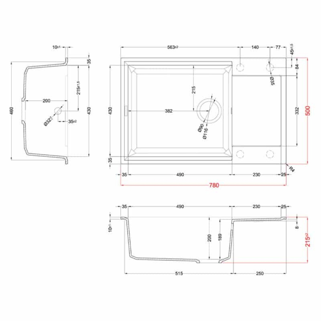 Disegno tecnico di un lavello da cucina con quote in millimetri da tre viste.