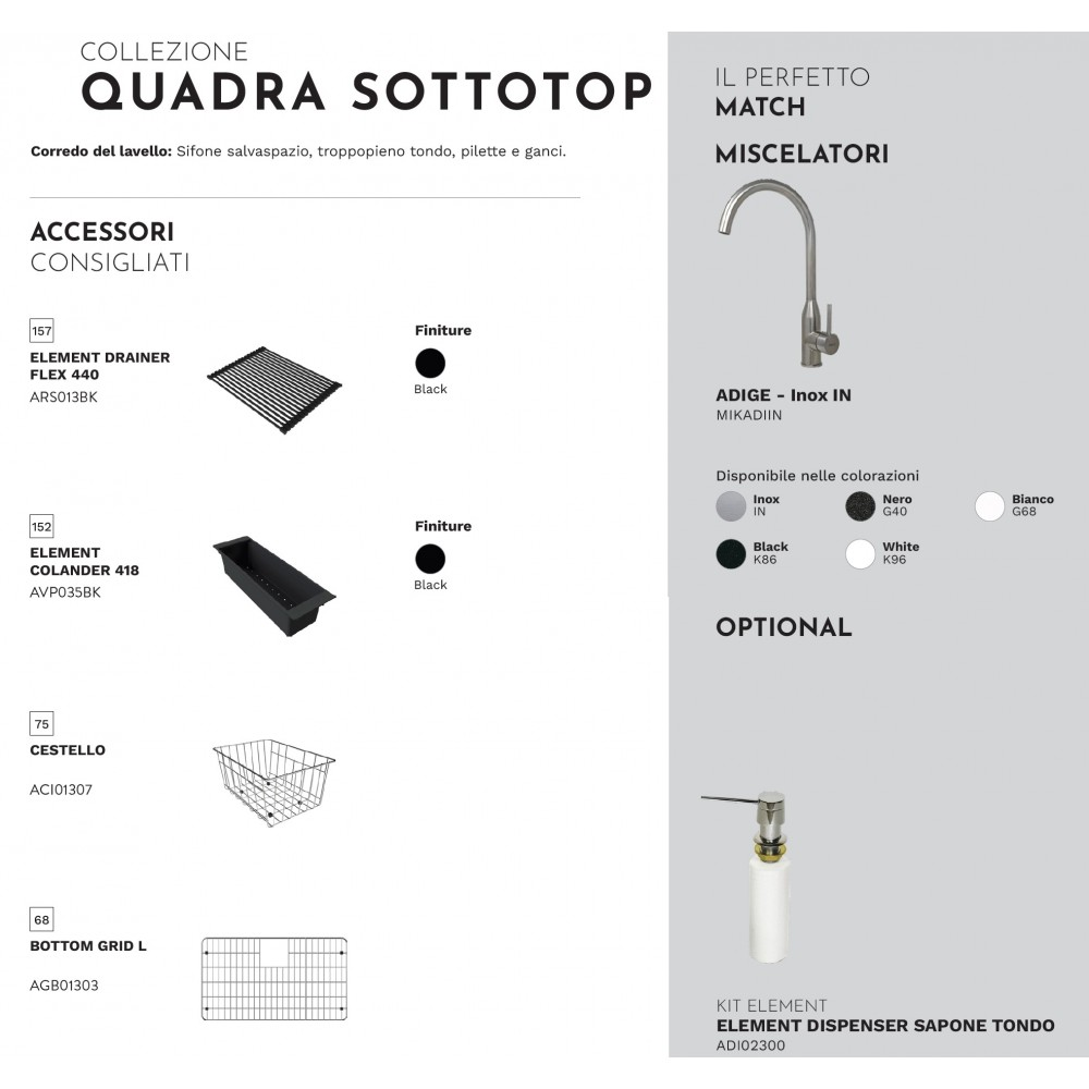 Catalogo accessori lavello con scolapiatti nero, colino, cestello, griglia fondo, miscelatore e dosatore di sapone.