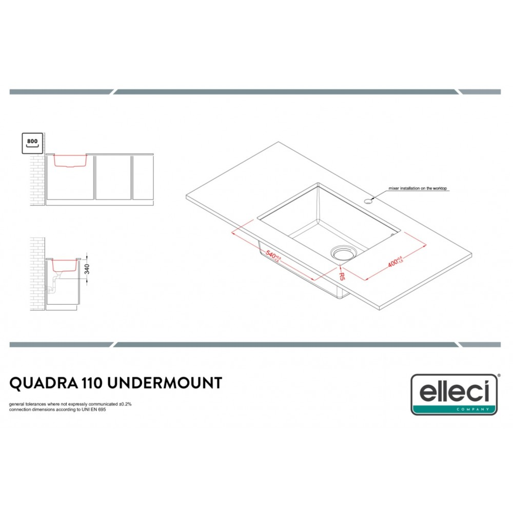 Disegno tecnico del lavello sottotop Quadra 110 con dimensioni e dettagli di installazione.