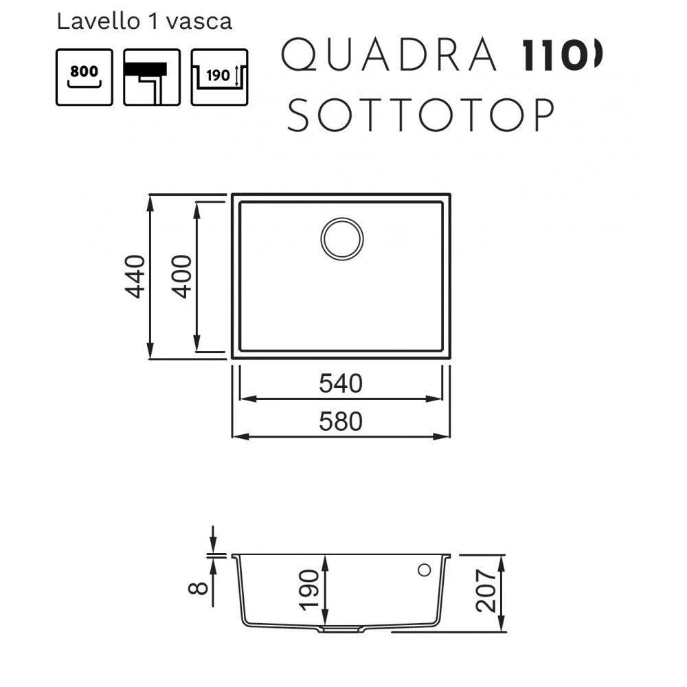 Disegno tecnico del lavello Quadra 110 Sottotop con quote per l'installazione.