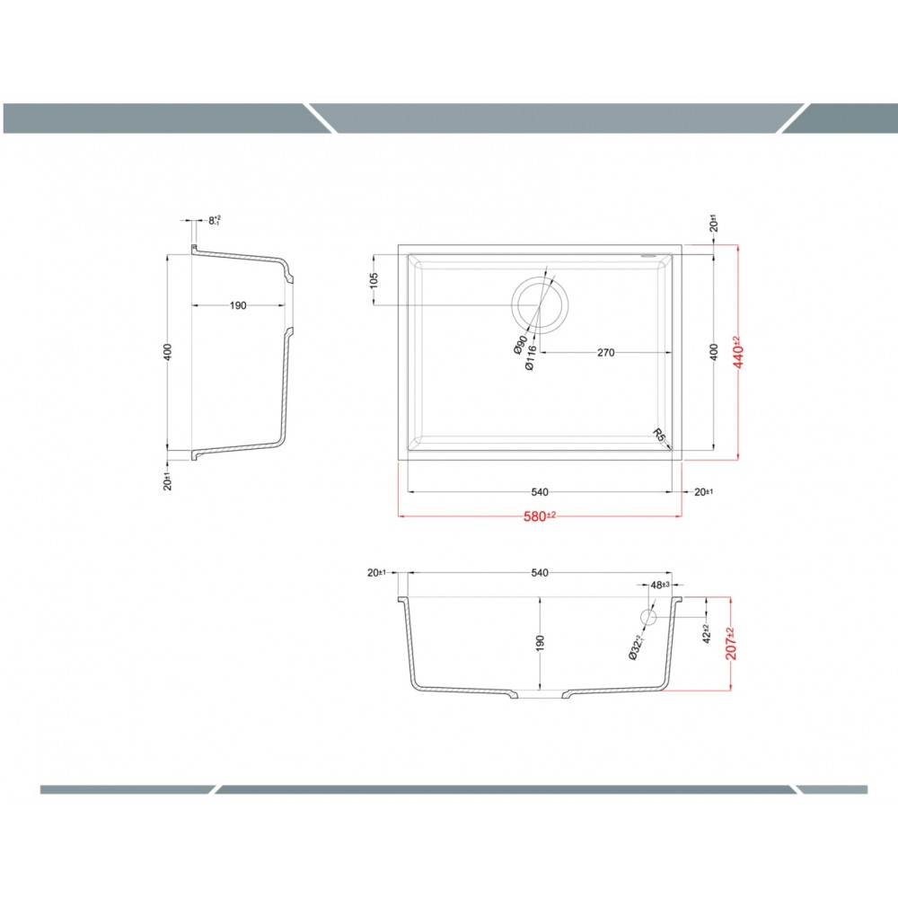Disegno tecnico di un lavello da cucina con quote viste dall'alto, di lato e frontale.