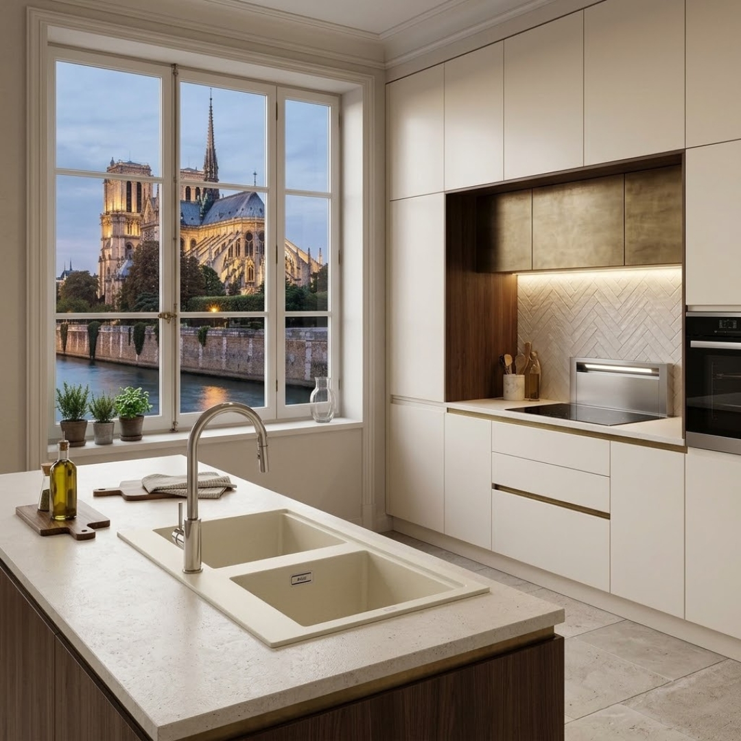 Moderna cucina bianca con grande finestra che si affaccia sulla Senna e Notre-Dame a Parigi.