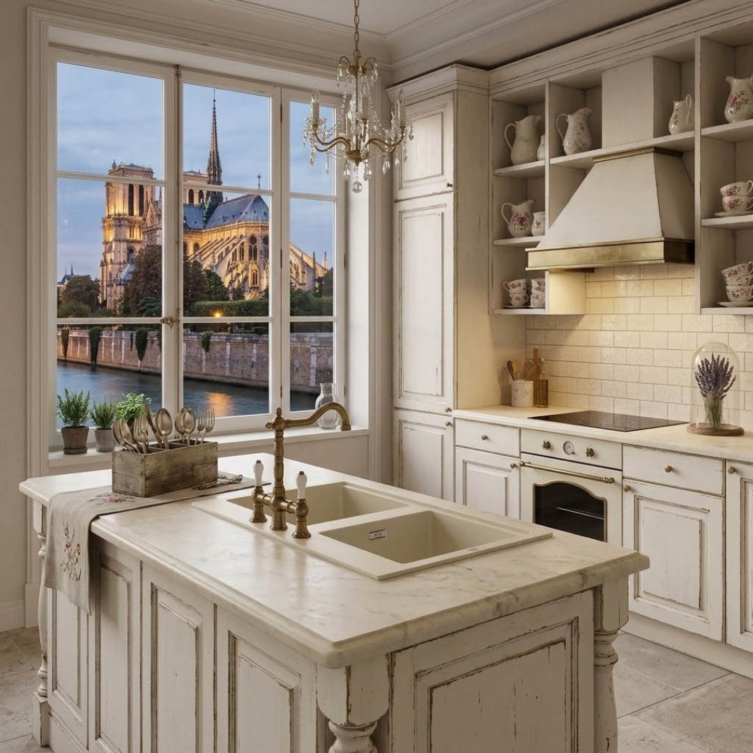 Un'elegante cucina bianca con isola in marmo e vista su Notre-Dame dalla finestra.