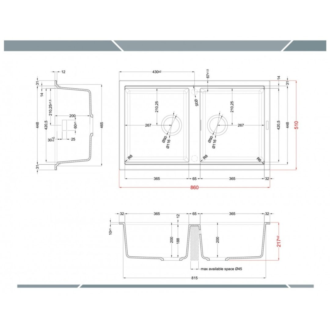 Disegno tecnico di un lavello a due vasche con quote da tre prospettive.
