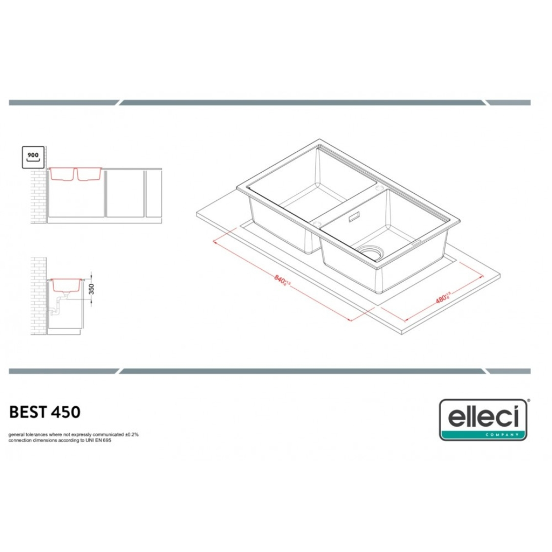 Disegno tecnico di un lavello doppio rettangolare con dimensioni e logo Elleci.