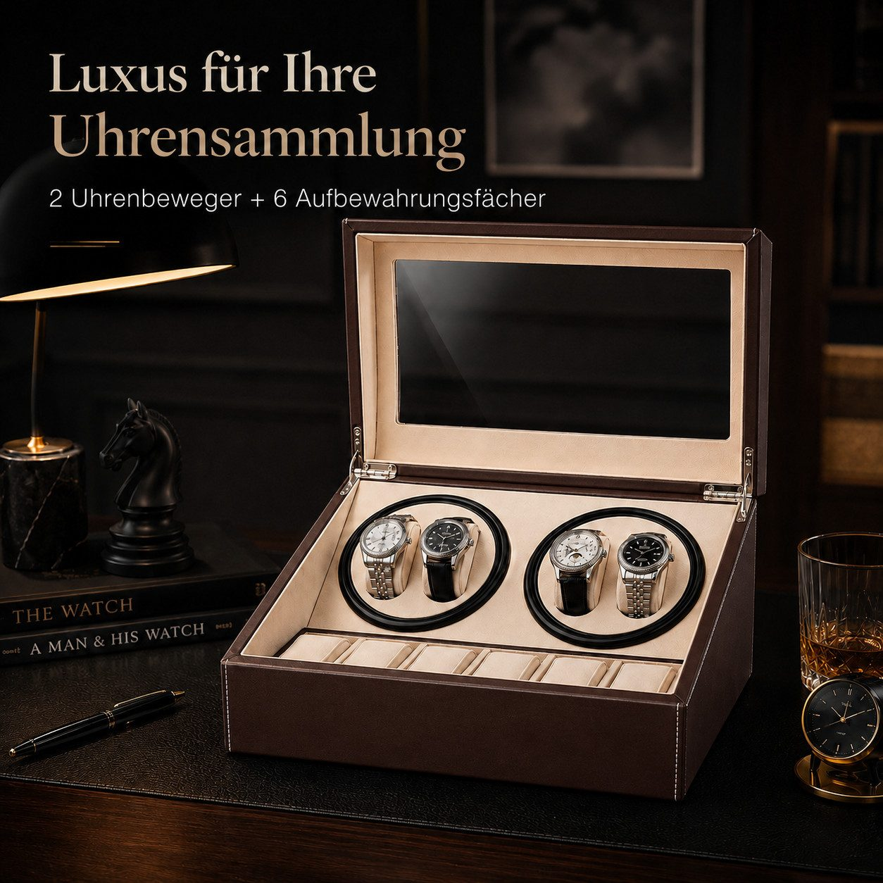 Braune Uhrenbeweger-Box aus Leder mit zwei rotierenden Haltern und sechs Fächern auf dunklem Schreibtisch.