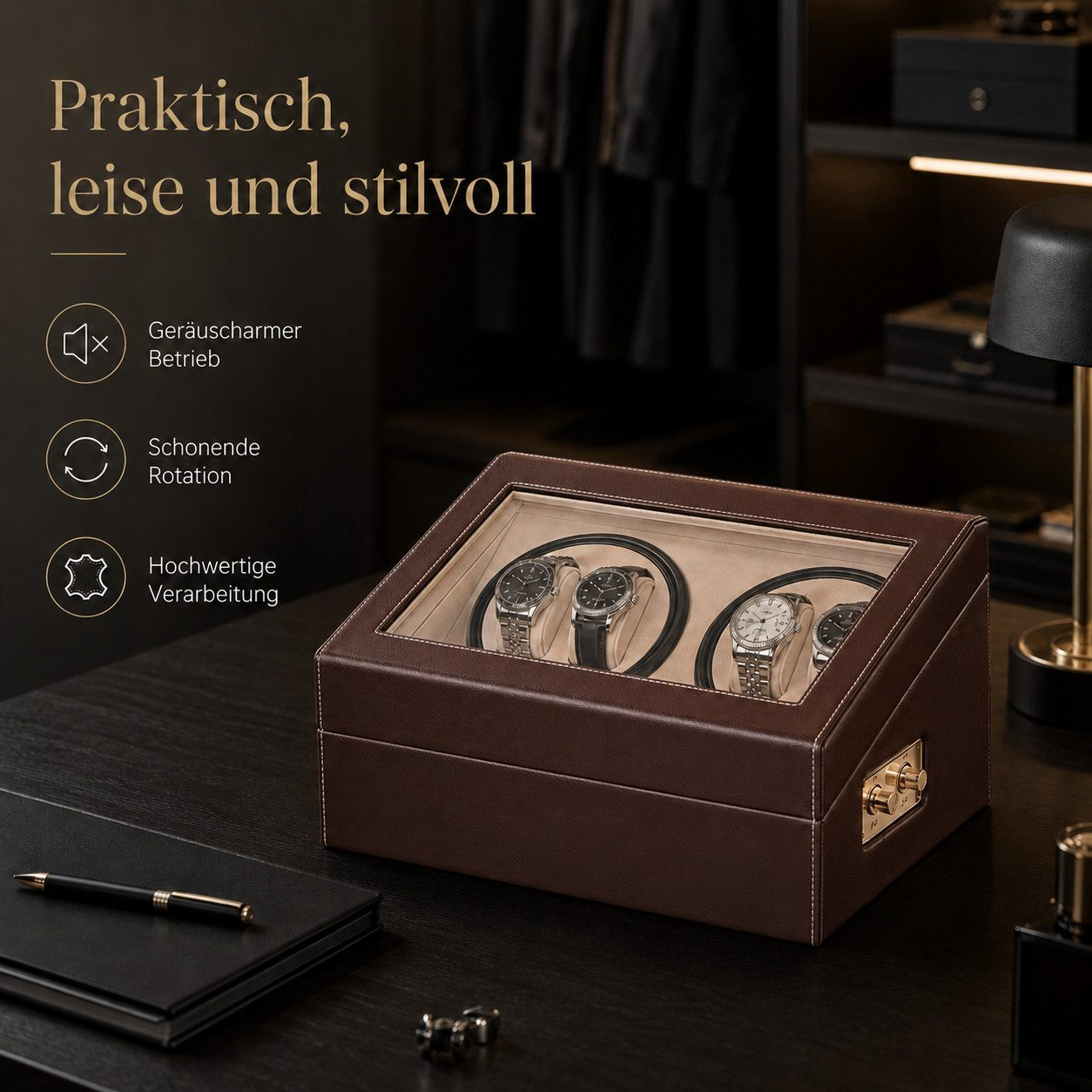 Eine braune Uhrenbeweger-Box aus Leder auf einem dunklen Schreibtisch zeigt vier Armbanduhren, links deutscher Werbetext.