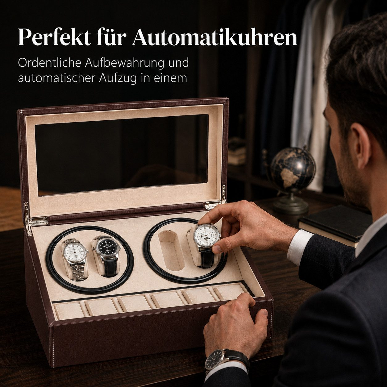 Ein Mann im Anzug nimmt eine Automatikuhr aus einer braunen Uhrenbox mit Winder.
