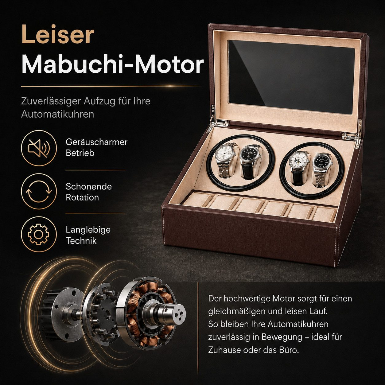 Braune Leder-Uhrenbeweiser-Box mit vier Uhren, zwei Rotoren und einem Motor-Diagramm unten.