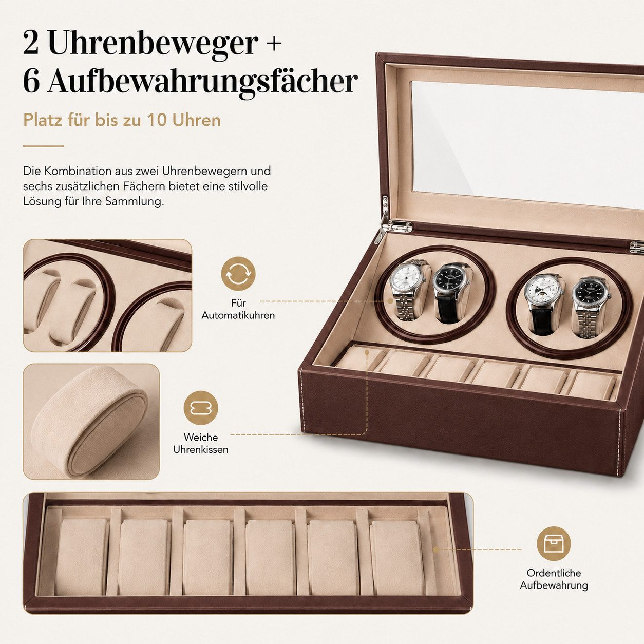Braune Uhrenbox mit zwei Rotoren für Automatikuhren und sechs Fächern unten, bestückt mit Kissen.