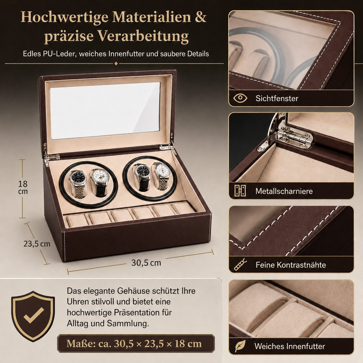 Braune Uhrenbox aus PU-Leder mit Sichtfenster, Metallscharnieren, Kontrastnähten und Platz für Uhren.