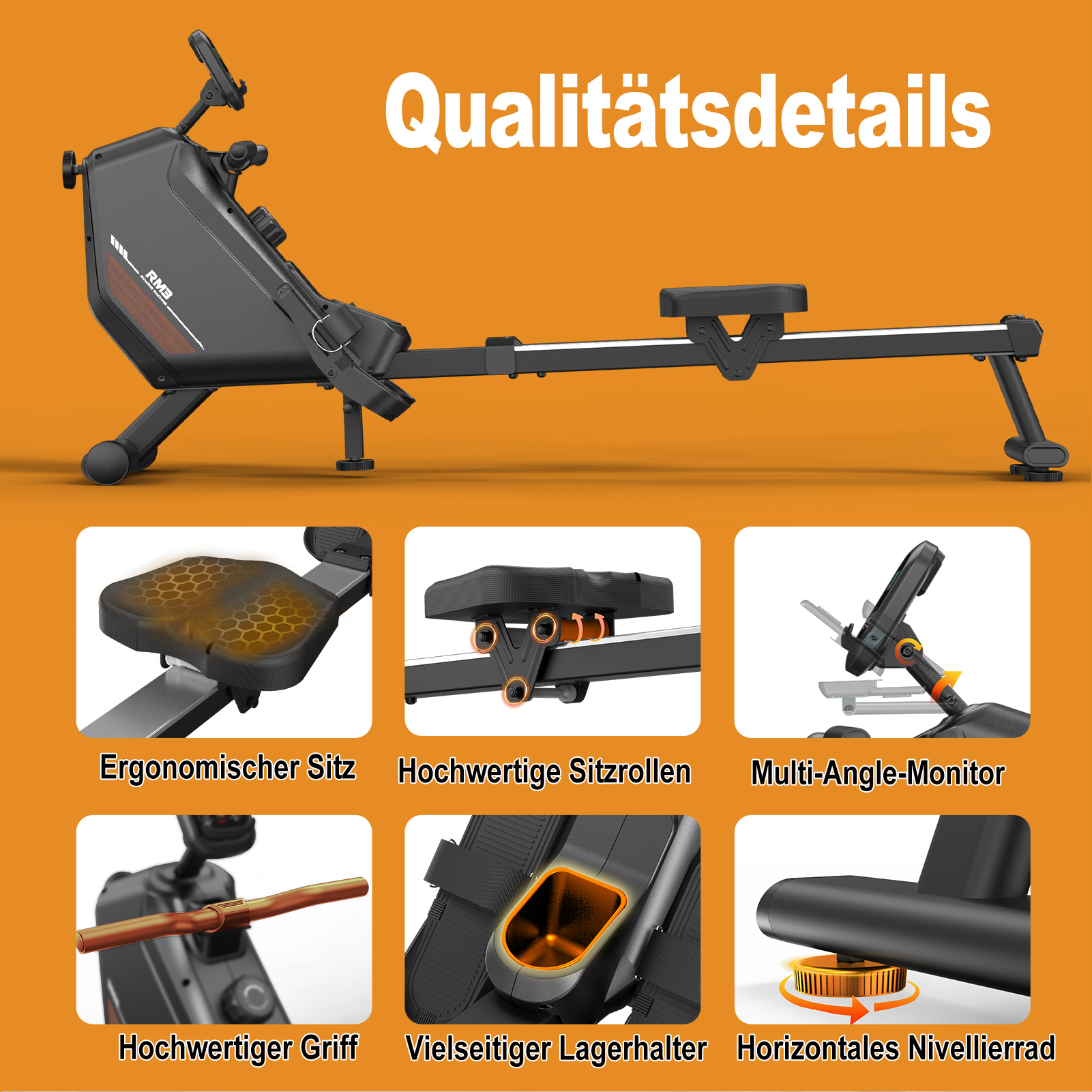 Ein schwarzes Rudergerät auf orangefarbenem Hintergrund mit sechs Detailbildern, die Sitz, Rollen und Display zeigen.