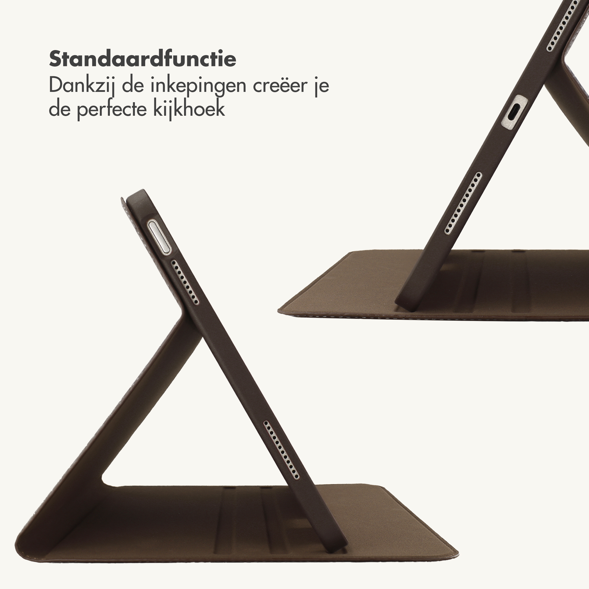 Twee bruine tablethoezen als standaards, met Nederlandse tekst linksboven.
