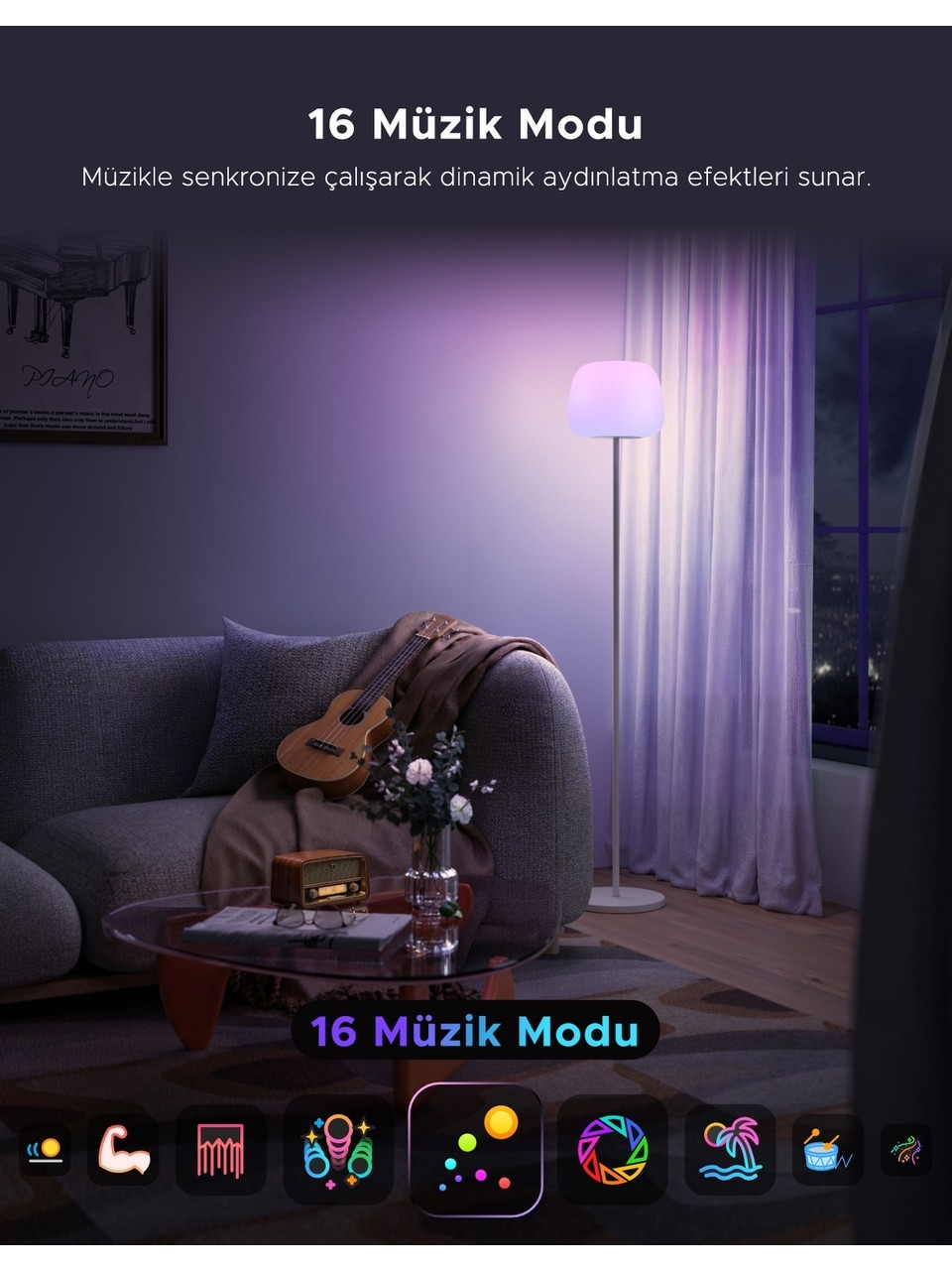 Rahat kanepe, gitar, sehpa ve pembe ışıklı modern bir lambaderin bulunduğu oturma odası.