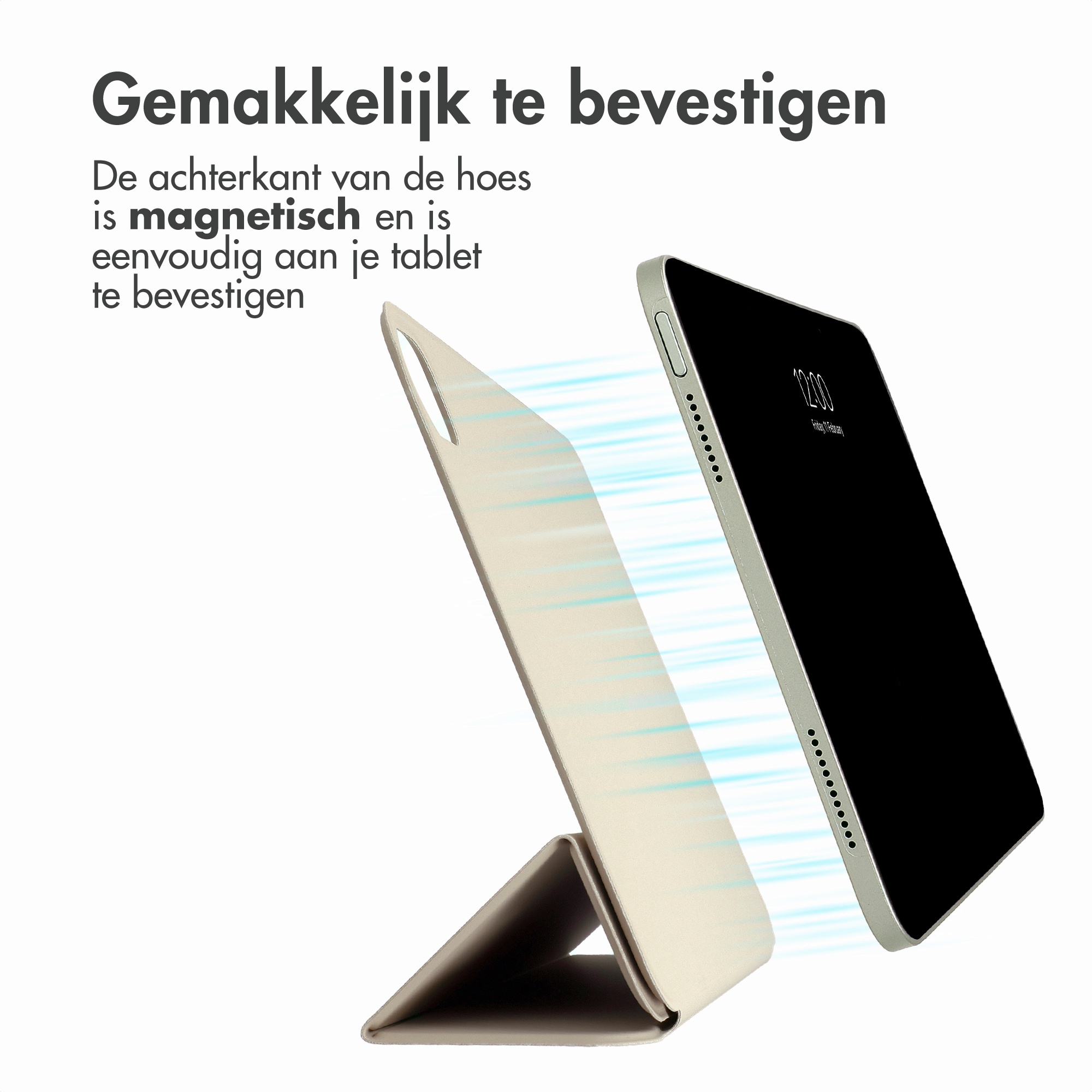 Een beige tablethoes hecht magnetisch aan een tablet met blauwe lichtlijnen.