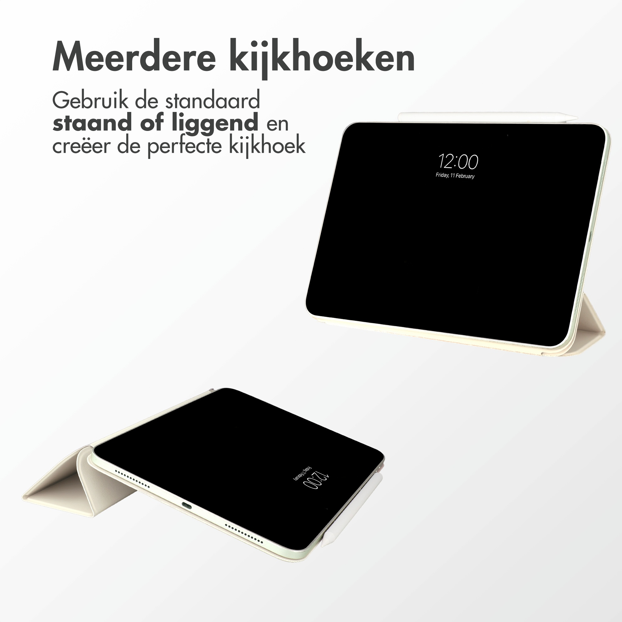 Twee tablets in beige hoesjes in verschillende kijkhoeken met Nederlandse tekst.