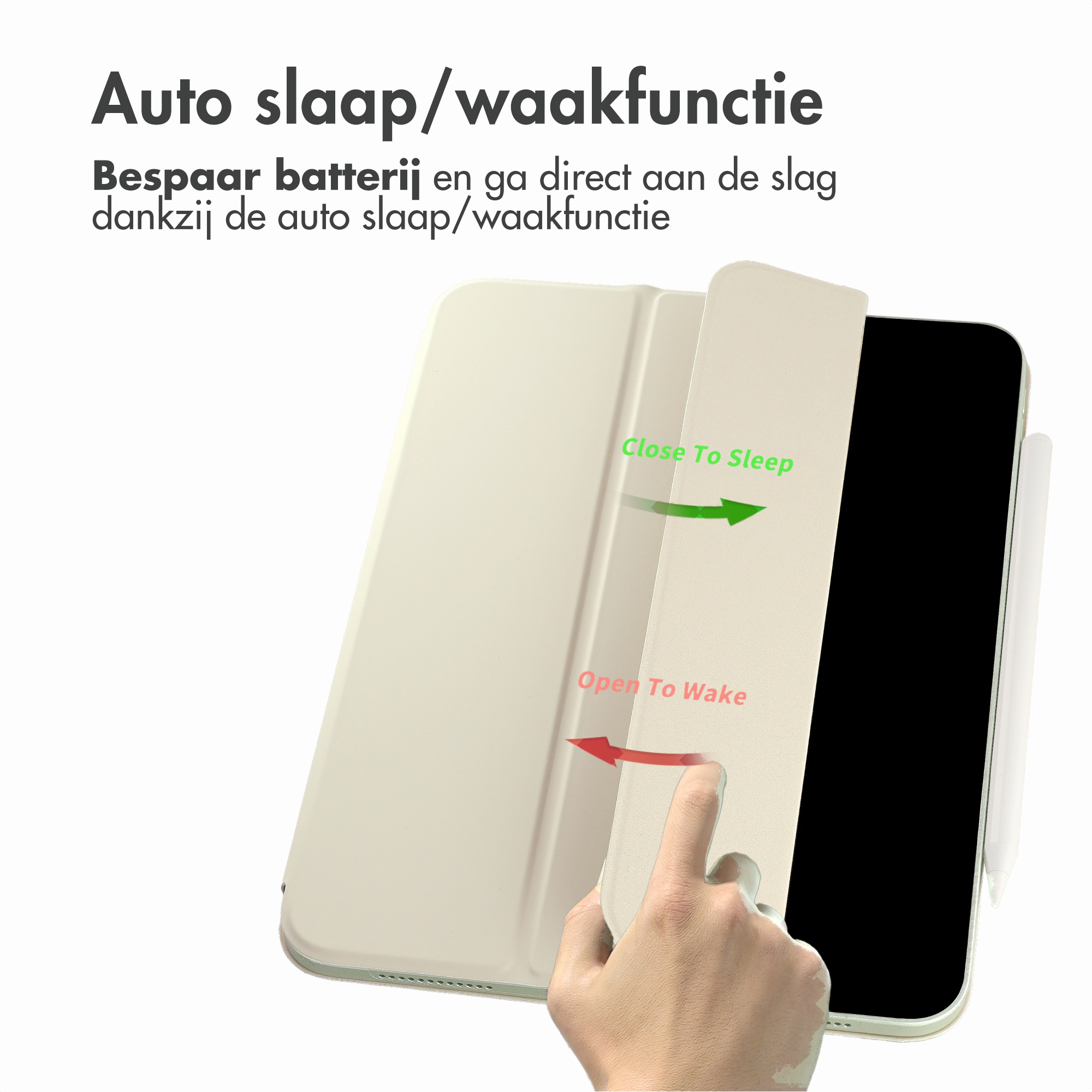 Een hand opent en sluit een beige tablethoes om de auto-slaap/waakfunctie te demonstreren.