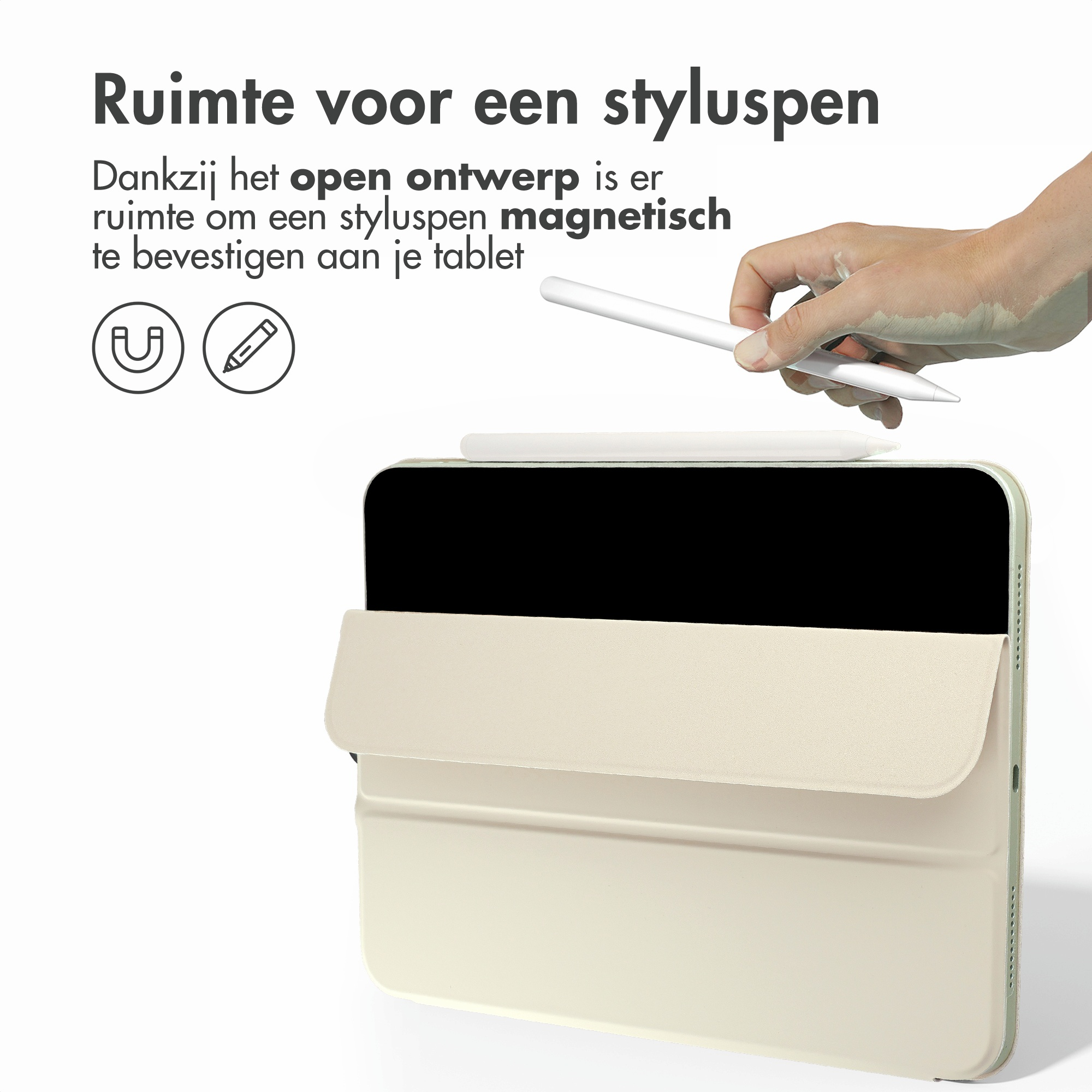 Hand bevestigt magnetisch een witte stylus aan een tablet met lichte hoes.