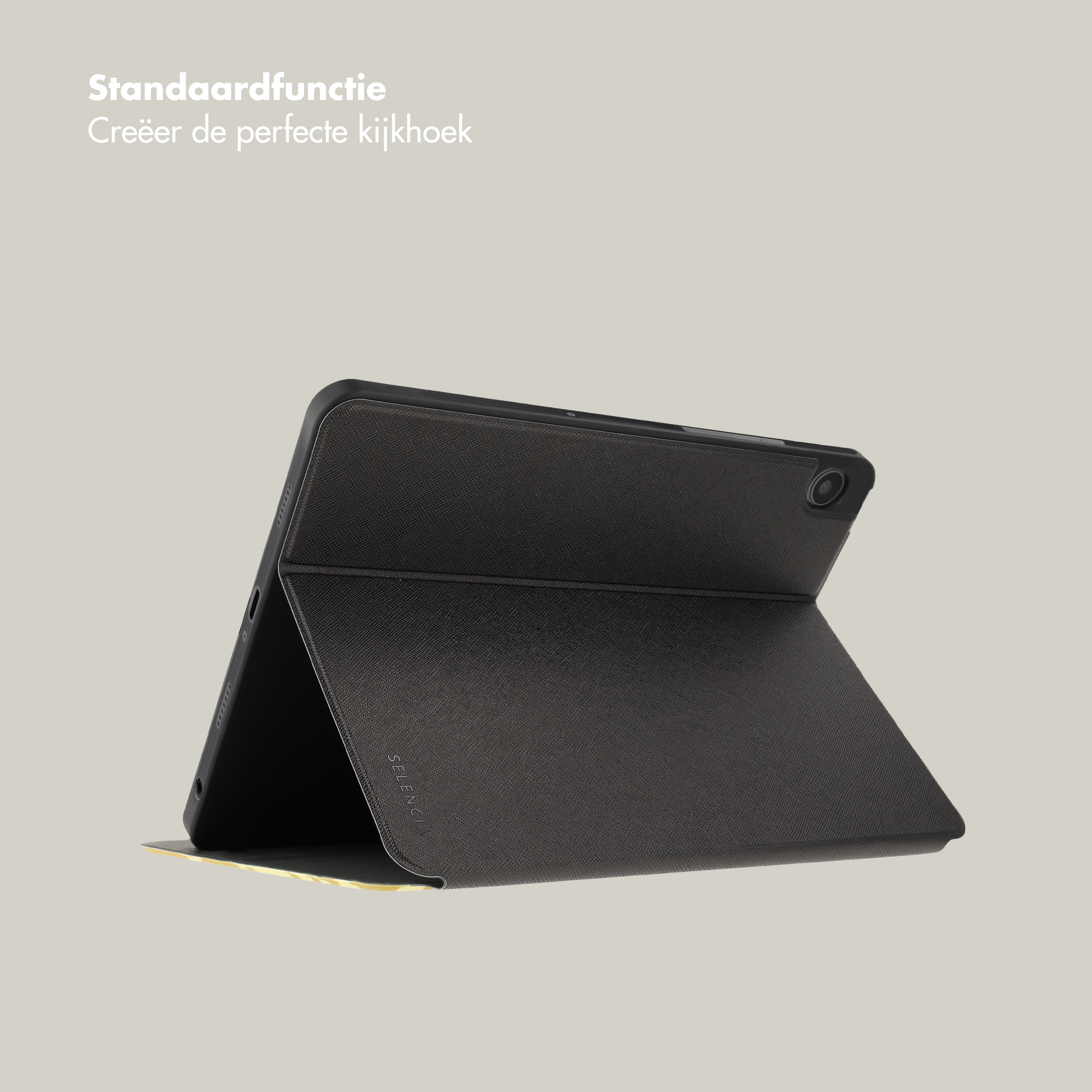 Tablette noire dans un étui de protection posée sur fond gris avec du texte.