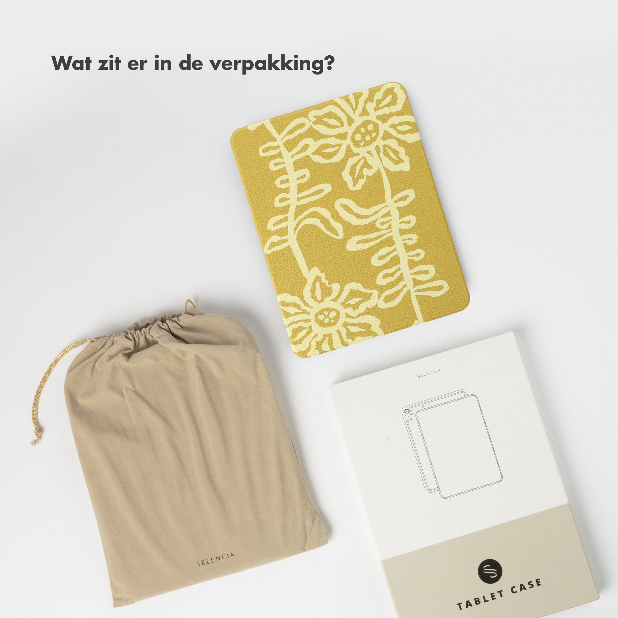 Contenu: étui jaune à fleurs, sachet beige et boîte de produit.