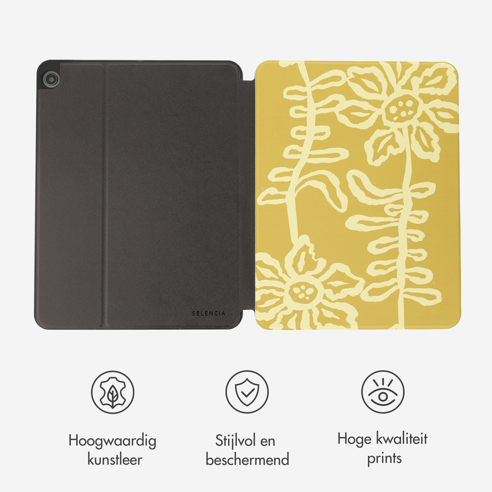 Une coque de tablette avec un intérieur gris et un motif floral jaune à l'extérieur, avec trois icônes en bas.