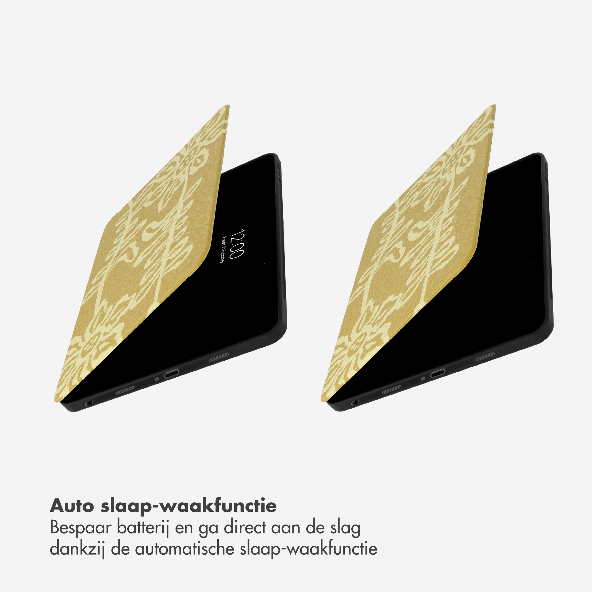 Deux tablettes noires avec étuis à motifs jaunes sur fond blanc, avec du texte en néerlandais en bas.
