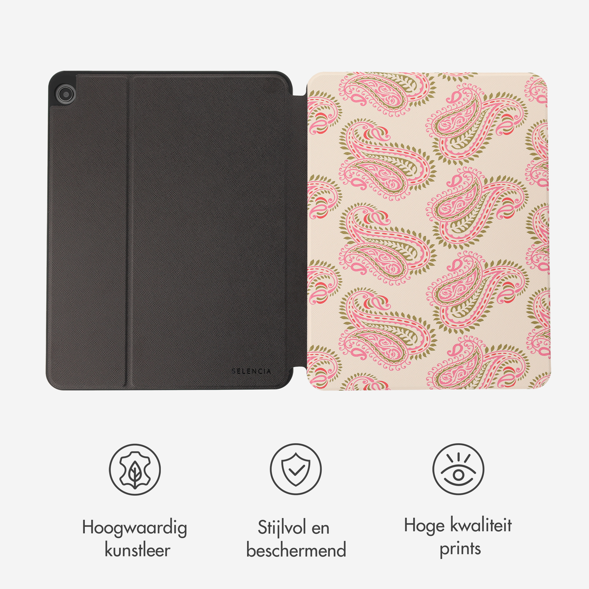 Un étui pour tablette avec doublure noire et motif paisley rose à l'extérieur, et trois icônes en bas.