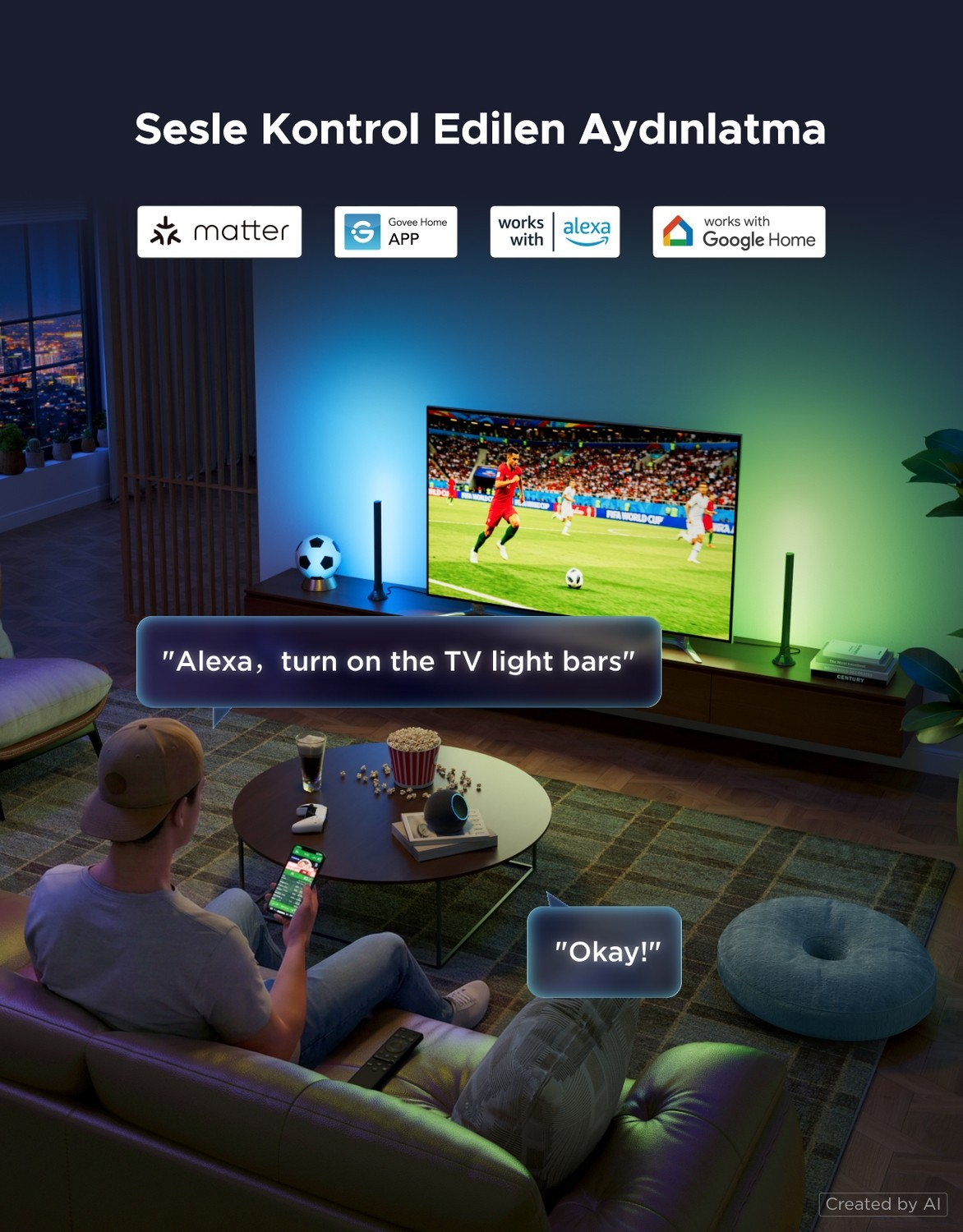 Bir adam oturma odasında sesli komutla TV ışık çubuklarını kontrol ediyor.