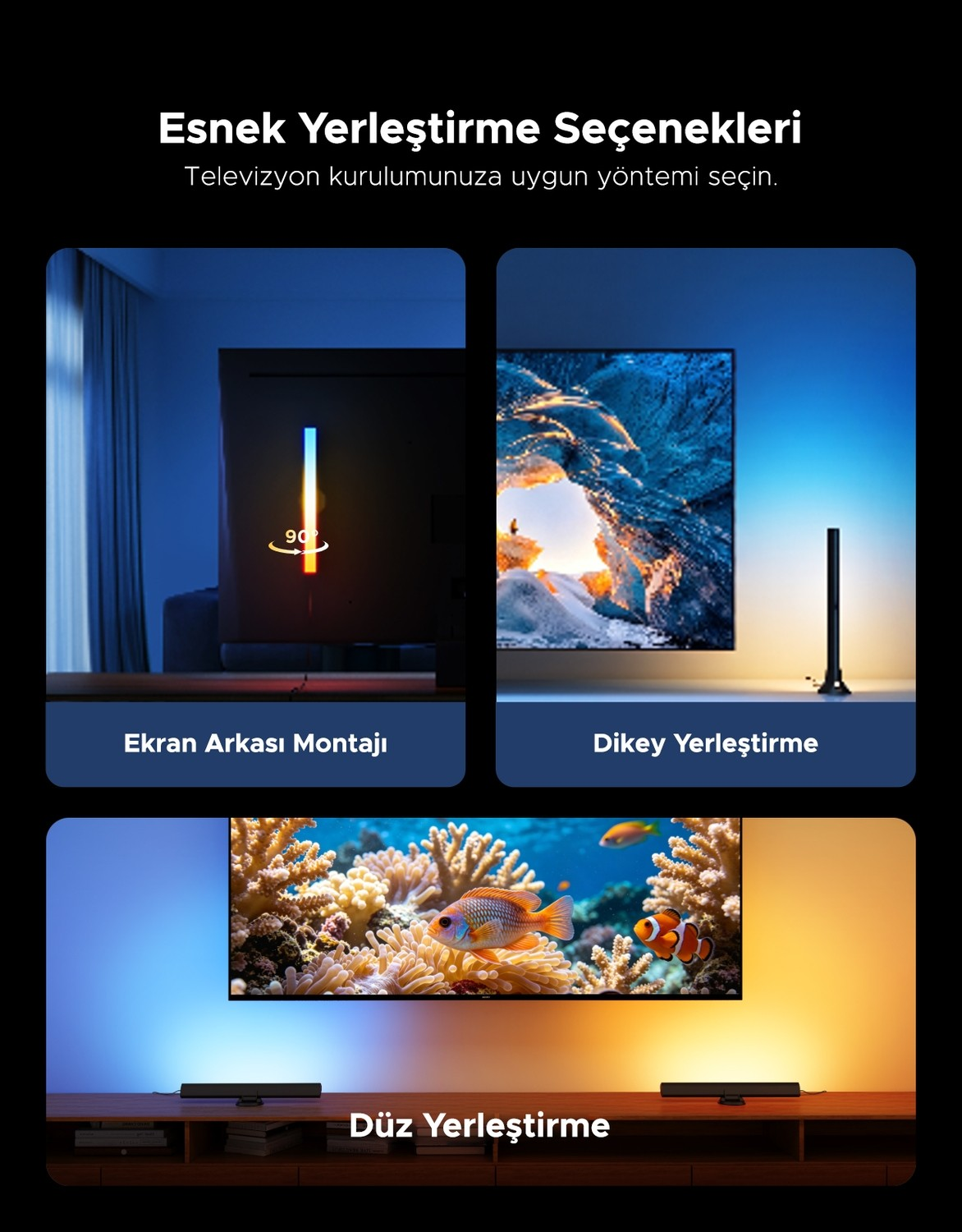 Esnek TV ışık barı yerleşim seçeneklerini gösteren infografik: ekran arkası, dikey ve yatay yerleştirme.