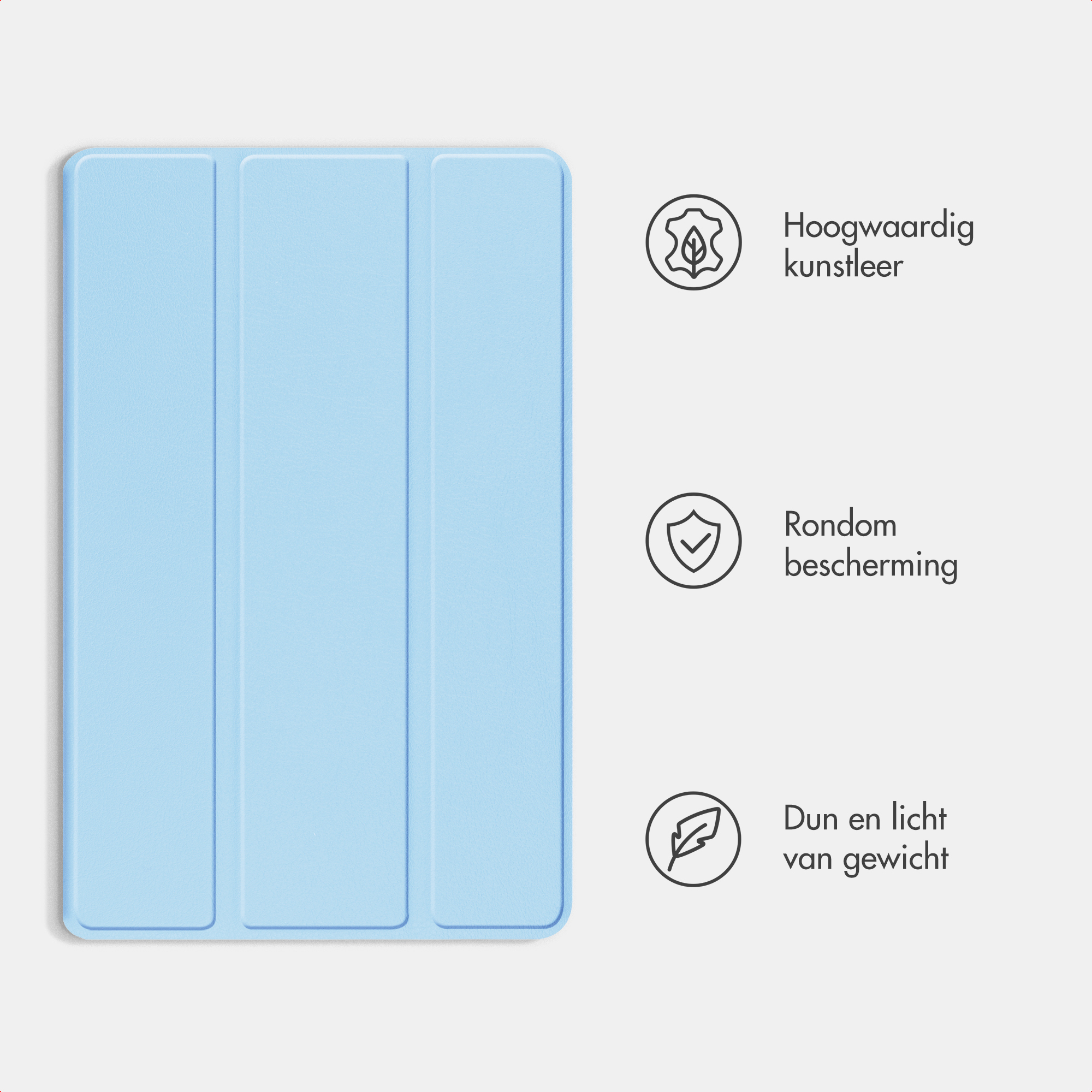 Een lichtblauwe tablethoes met drie functiepictogrammen rechts.