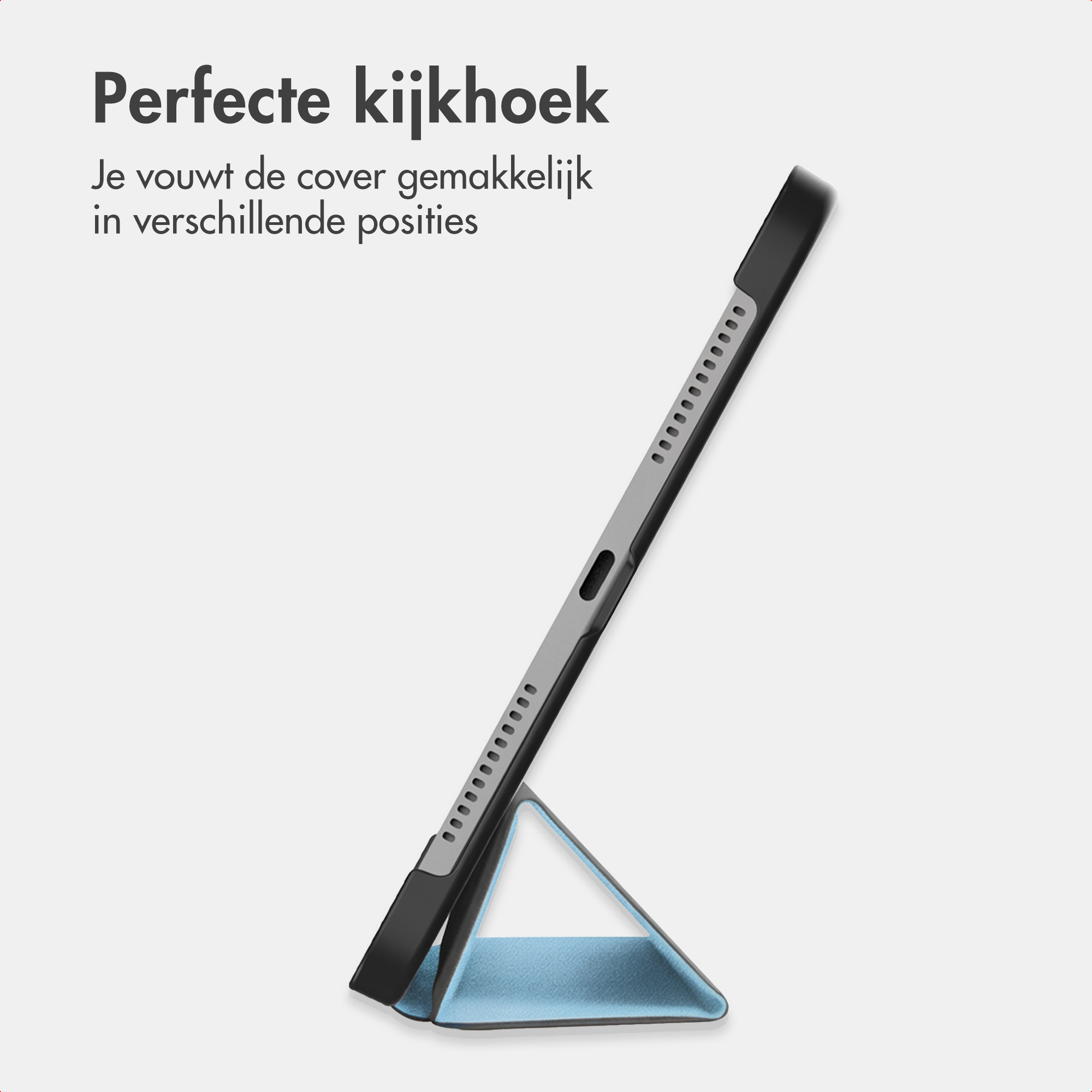 Een tablet in een hoes gevouwen als standaard, met tekst erboven.