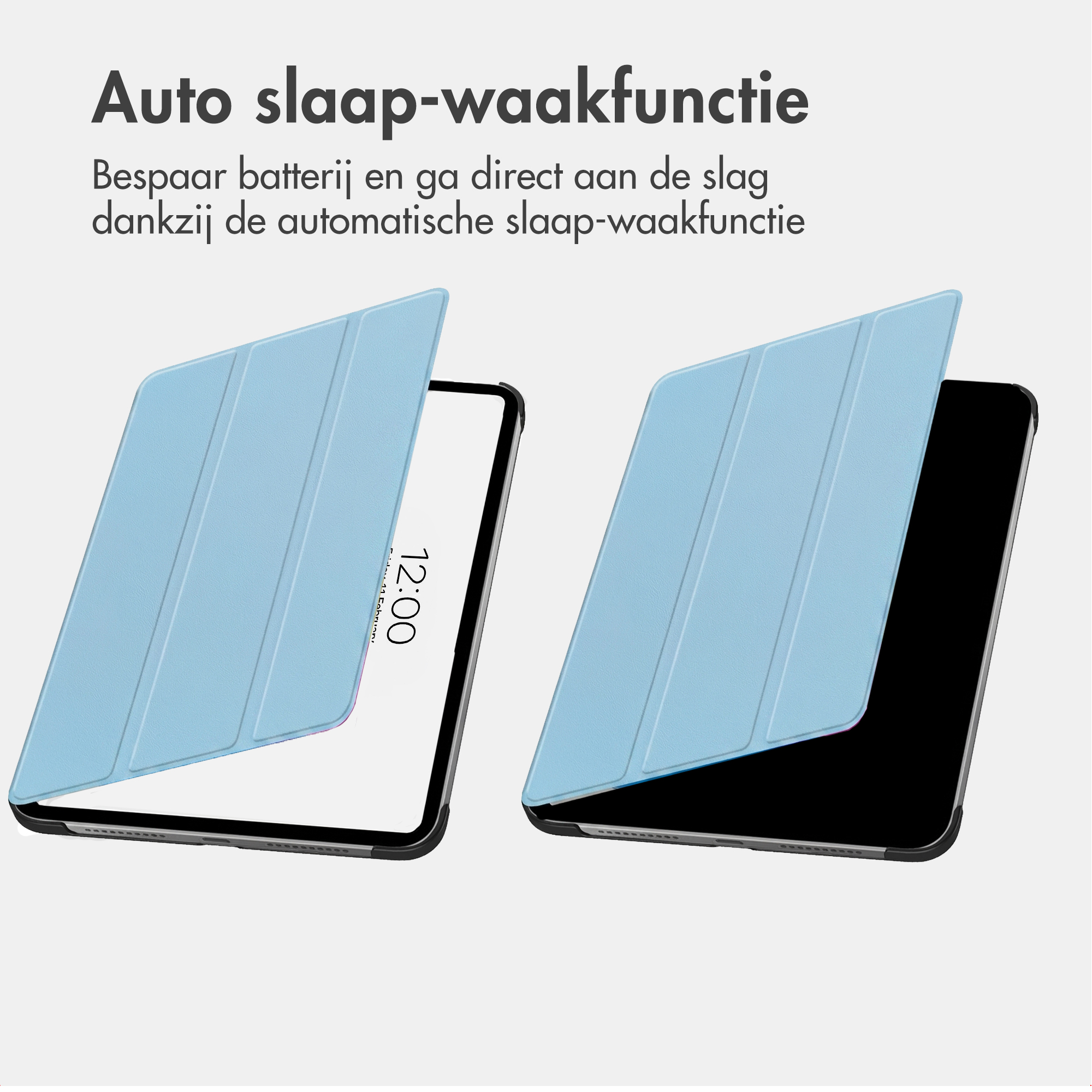 Twee tablets in lichtblauwe hoesjes tonen de auto slaap-waakfunctie met een helder en een donker scherm.